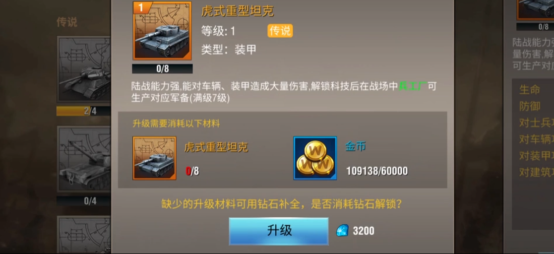 二战风云2虎式坦克升级要什么